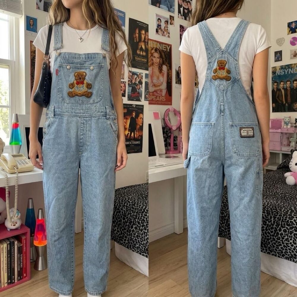 Vintage 90s D'MODE CLASSIX Teddy Bear Denim Overalls Size Large Cotton Retro
